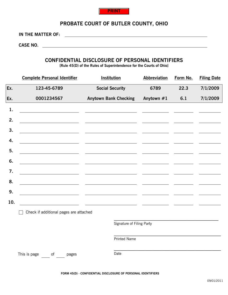 Form 45(D) Confidential Disclosure of Personal Identifiers - Butler County, Ohio, Page 1