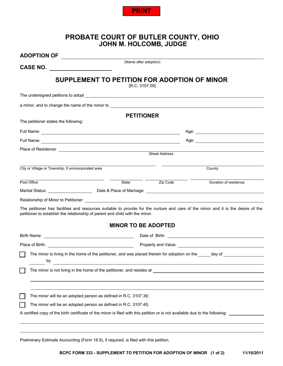 BCPC Form 333 Supplement to Petition for Adoption of Minor - Butler County, Ohio, Page 1
