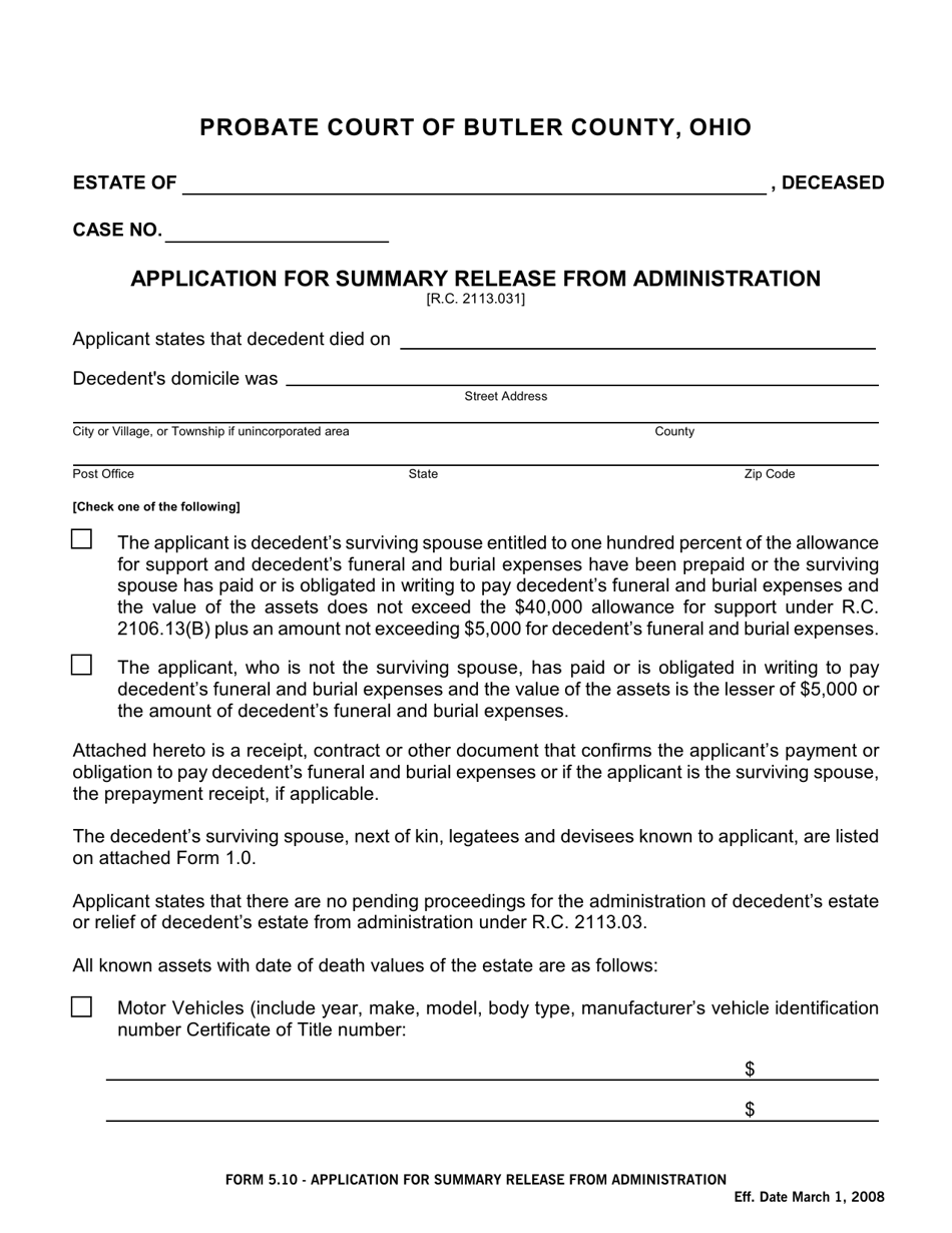 Form 5.10 Application for Summary Release From Administration - Butler County, Ohio, Page 1