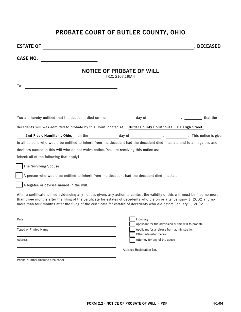 Form 2.2 Notice of Probate of Will - Butler County, Ohio, Page 1