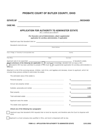 Document preview: Form 4.0 Application for Authority to Administer Estate - Butler County, Ohio