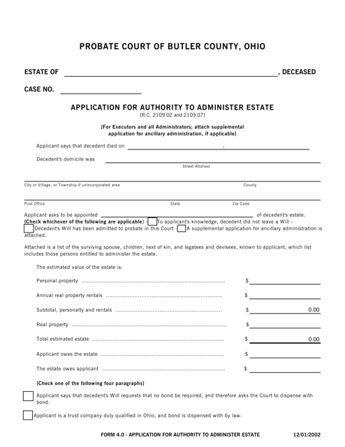 Form 4.0 Application for Authority to Administer Estate - Butler County, Ohio