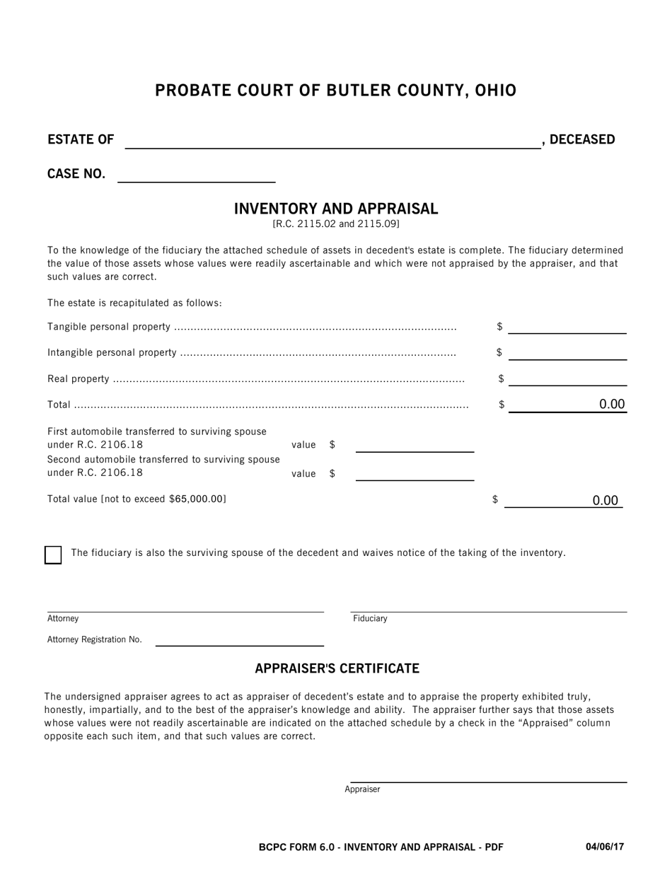 BCPC Form 6.0 Inventory and Appraisal - Butler County, Ohio, Page 1