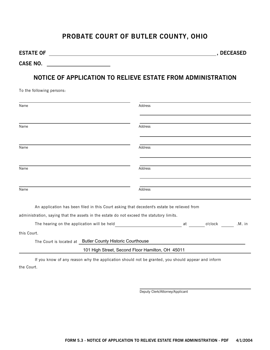 Form 5.3 Notice of Application to Relieve Estate From Administration - Butler County, Ohio, Page 1