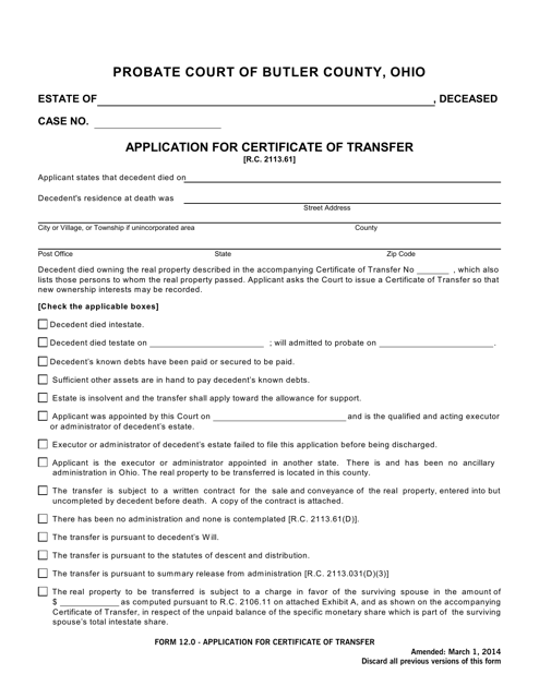 Form 12.0 Application for Certificate of Transfer - Butler County, Ohio