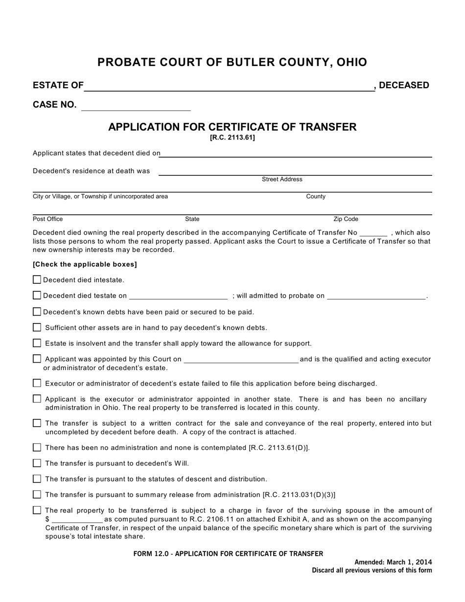 Form 12.0 Application for Certificate of Transfer - Butler County, Ohio, Page 1