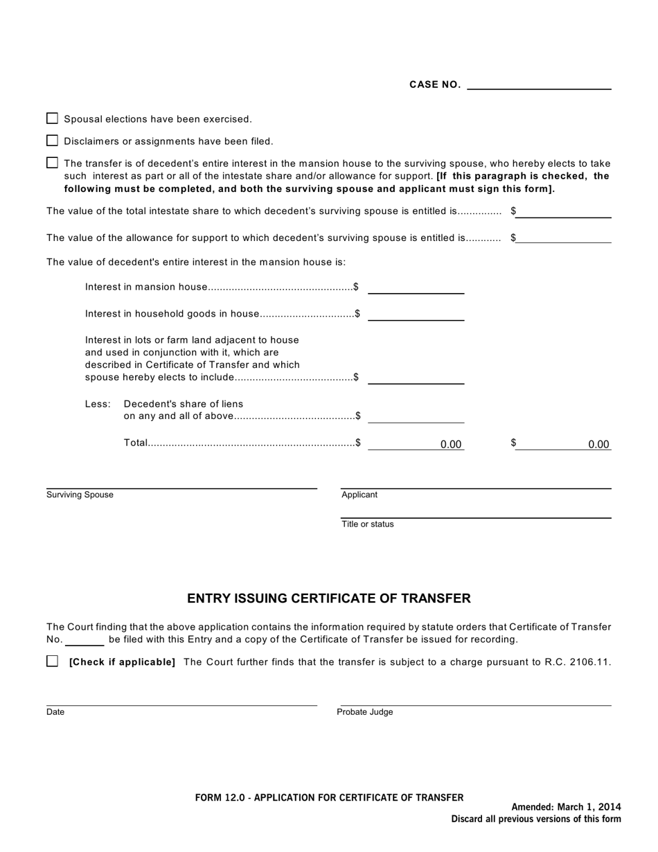 Form 12.0 Application for Certificate of Transfer - Butler County, Ohio, Page 2