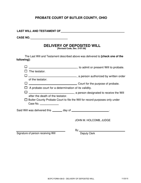 BCPC Form 438-D Delivery of Deposited Will - Butler County, Ohio