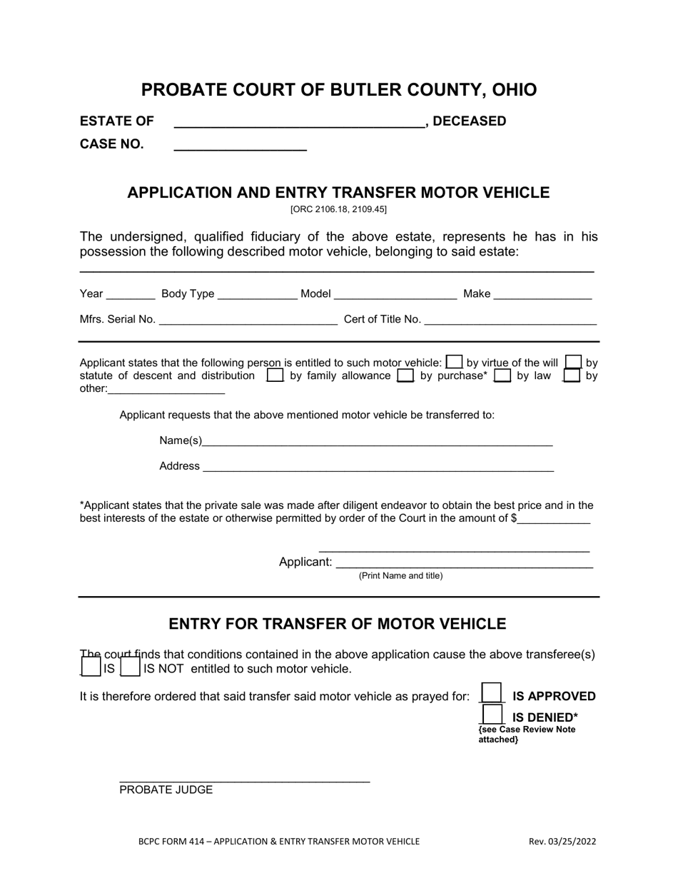 BCPC Form 414 Application and Entry Transfer Motor Vehicle - Butler County, Ohio, Page 1