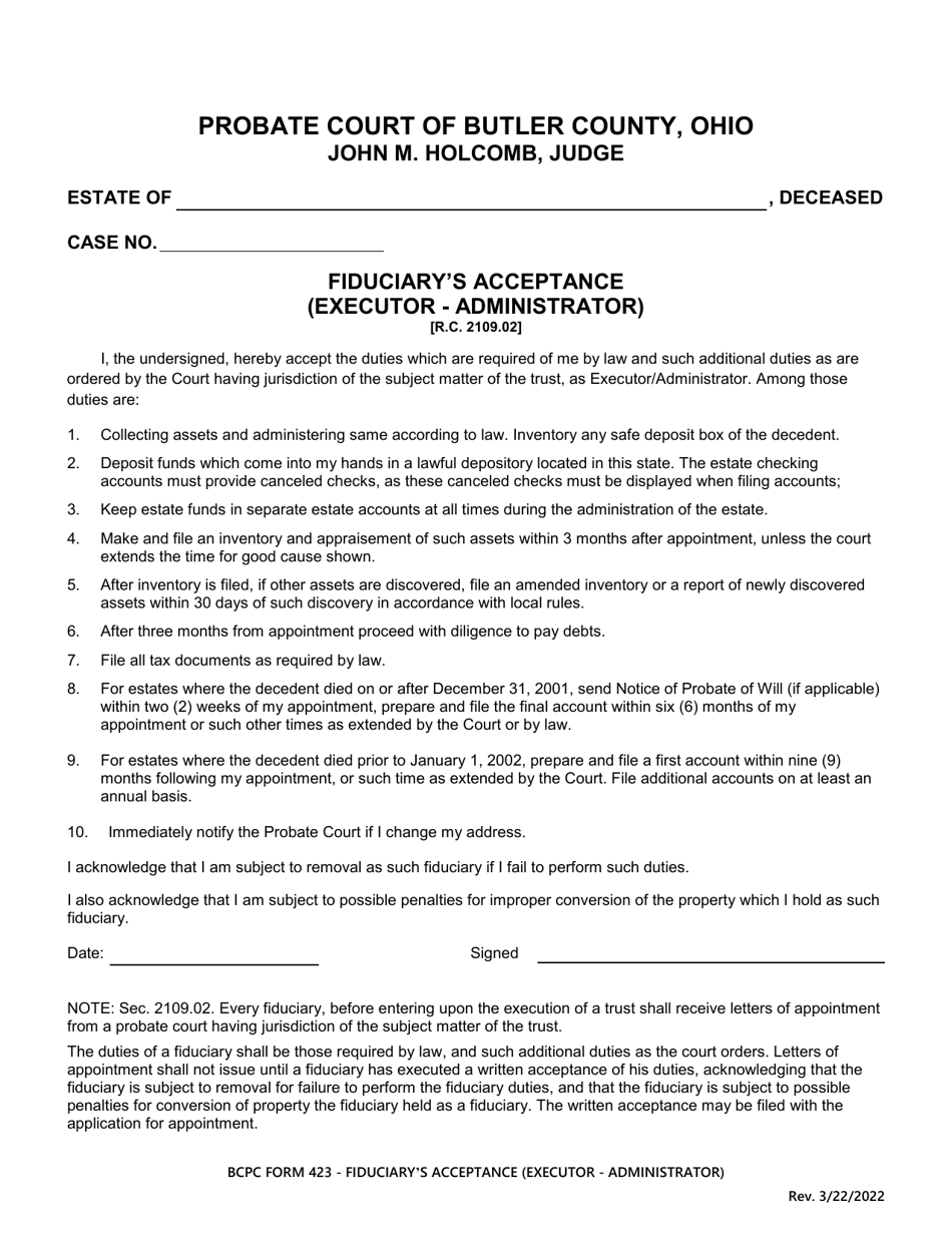 BCPC Form 423 Fiduciarys Acceptance (Executor - Administrator) - Butler County, Ohio, Page 1