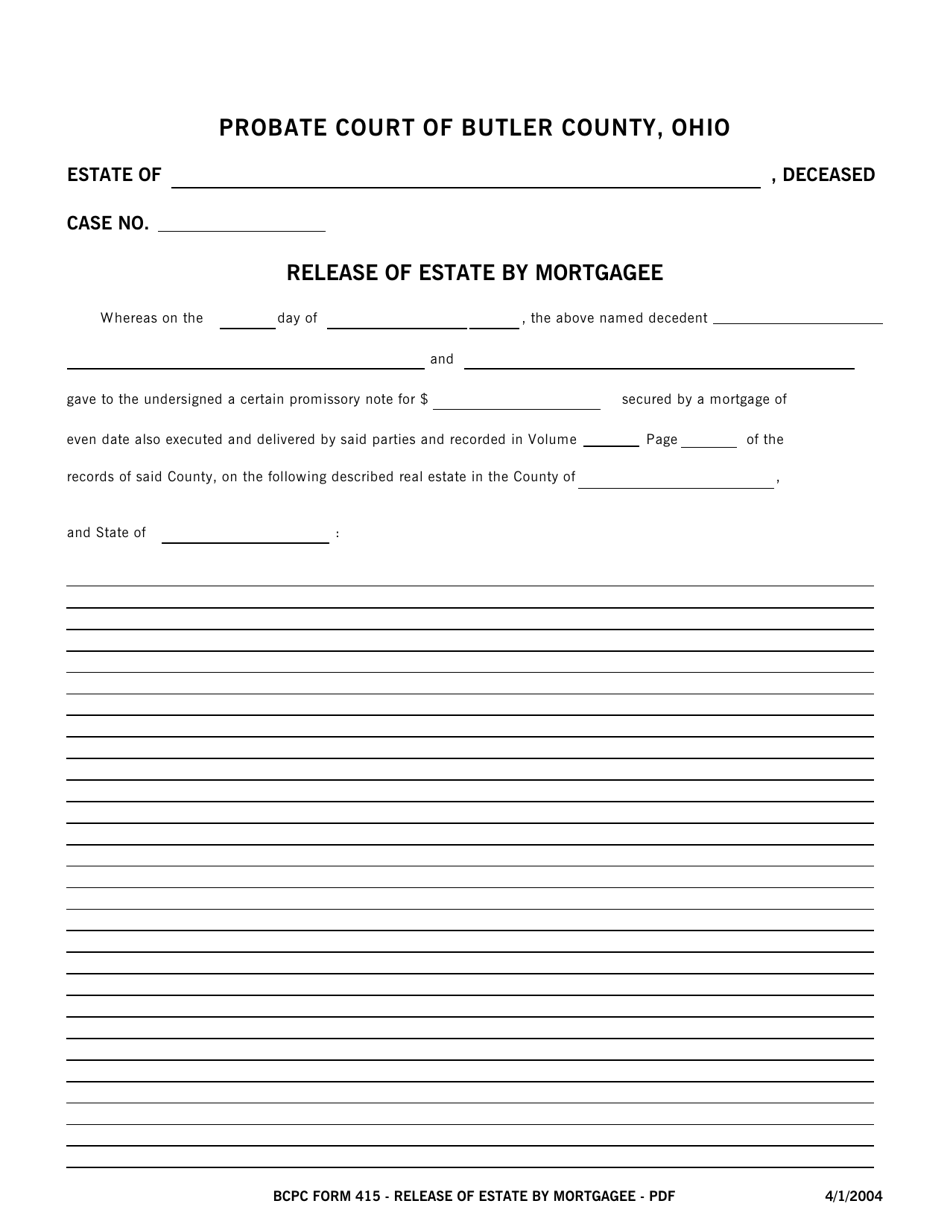 BCPC Form 415 Release of Estate by Mortgagee - Butler County, Ohio, Page 1