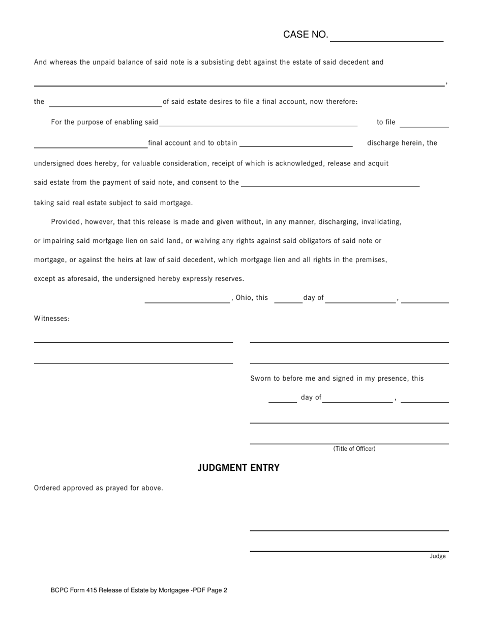 BCPC Form 415 Release of Estate by Mortgagee - Butler County, Ohio, Page 2