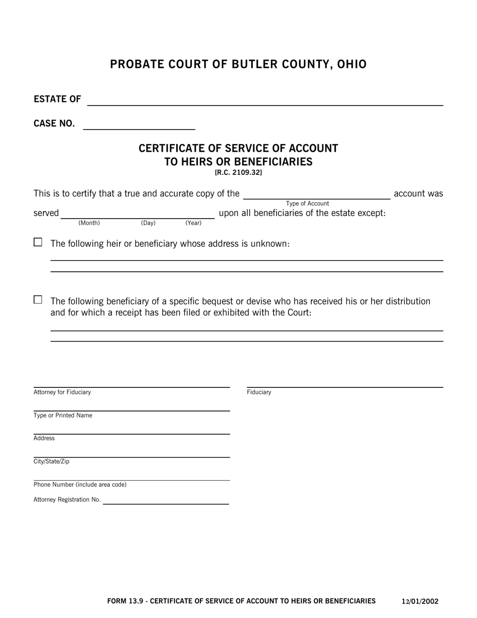 Form 13.9 Certificate of Service of Account to Heirs or Beneficiaries - Butler County, Ohio, Page 1