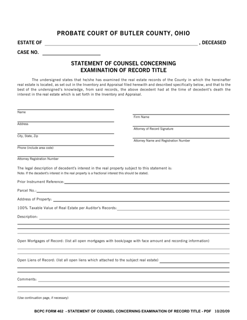 BCPC Form 462  Printable Pdf