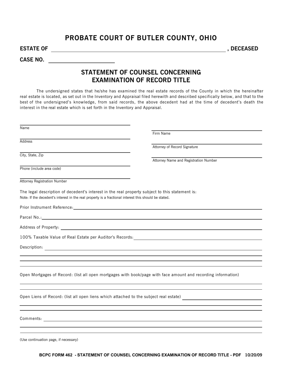 BCPC Form 462 Statement of Counsel Concerning Examination of Record Title - Butler County, Ohio, Page 1