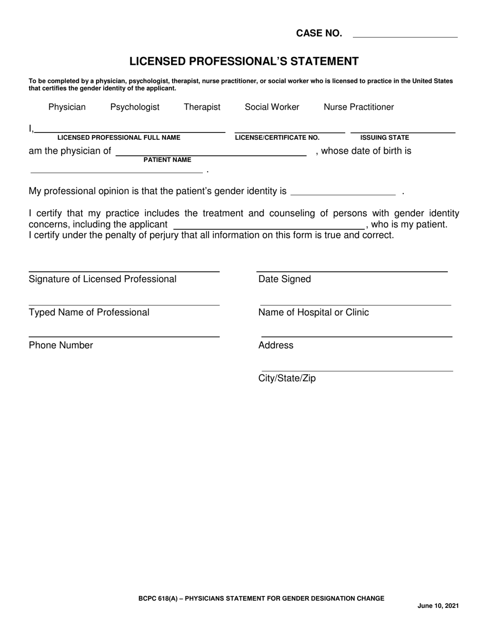 BCPC Form 618(A) Physicians Statement for Gender Designation Change - Butler County, Ohio, Page 1