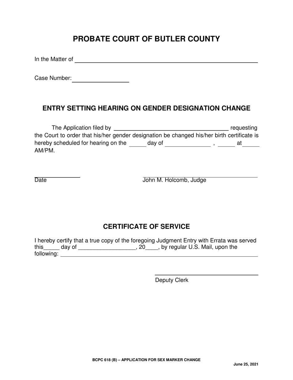 BCPC Form 618(B) Entry Setting Hearing on Gender Designation Change - Butler County, Ohio, Page 1
