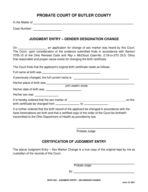 BCPC Form 620 Judgment Entry - Gender Designation Change - Butler County, Ohio
