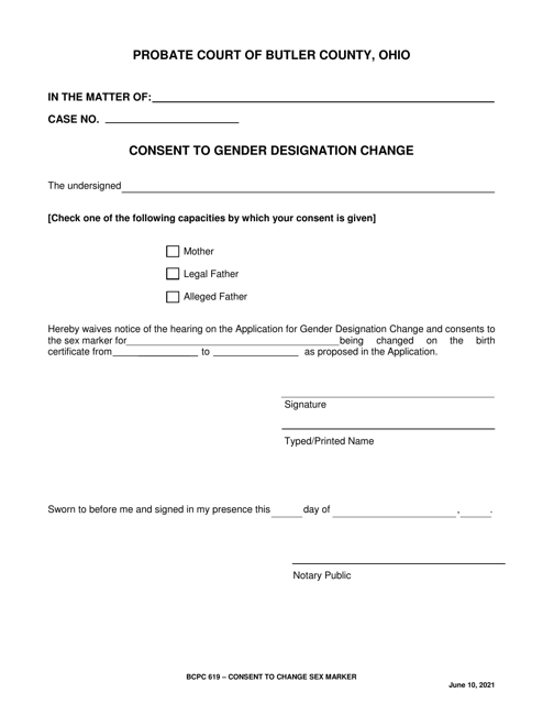 BCPC Form 619 Consent to Gender Designation Change - Butler County, Ohio
