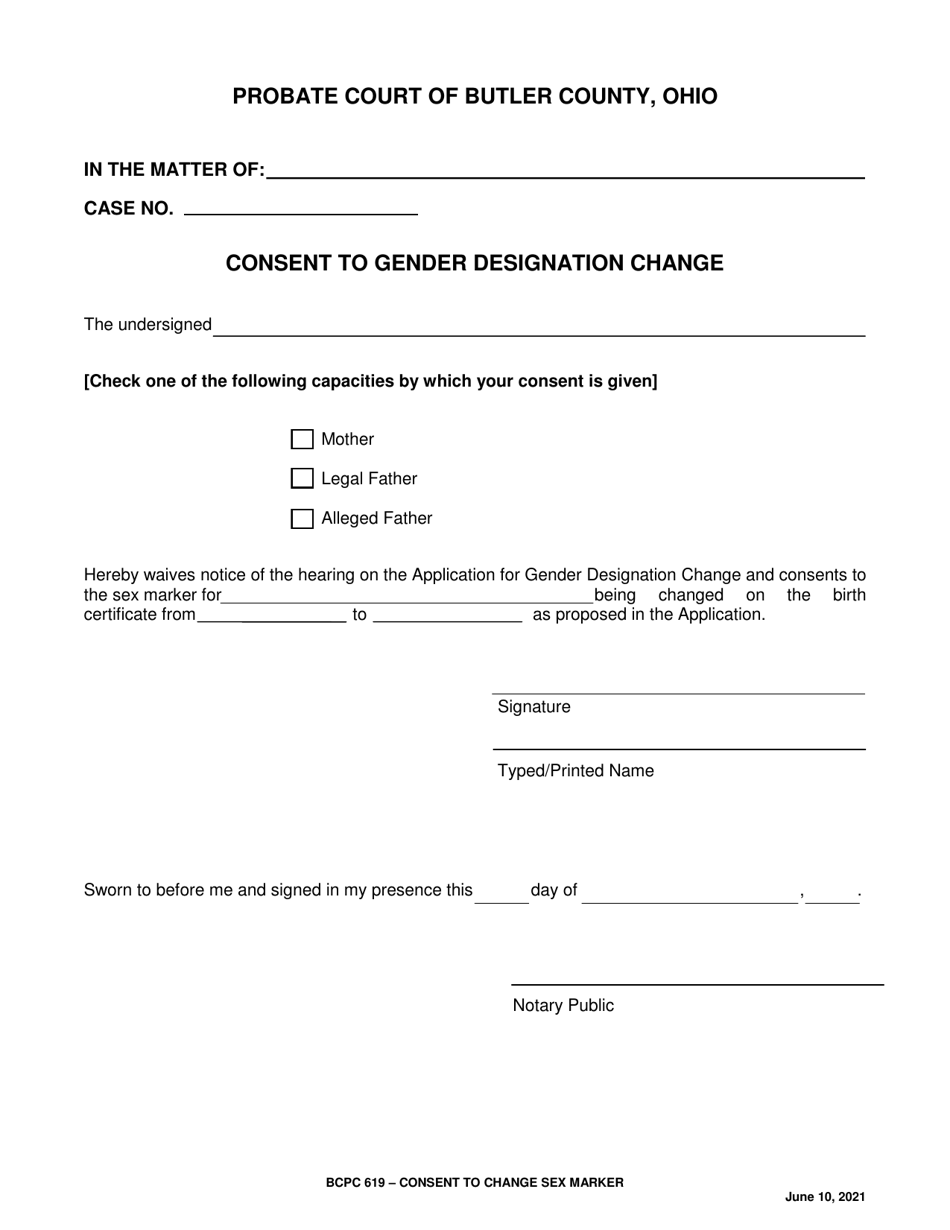 BCPC Form 619 Consent to Gender Designation Change - Butler County, Ohio, Page 1