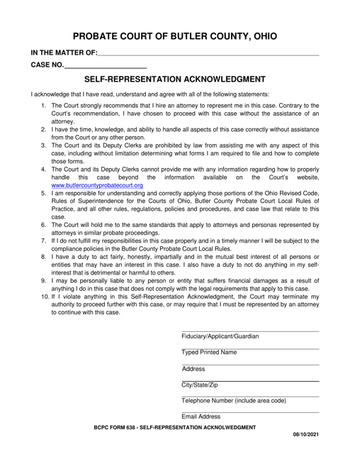 BCPC Form 638 Self-representation Acknowledgment - Butler County, Ohio