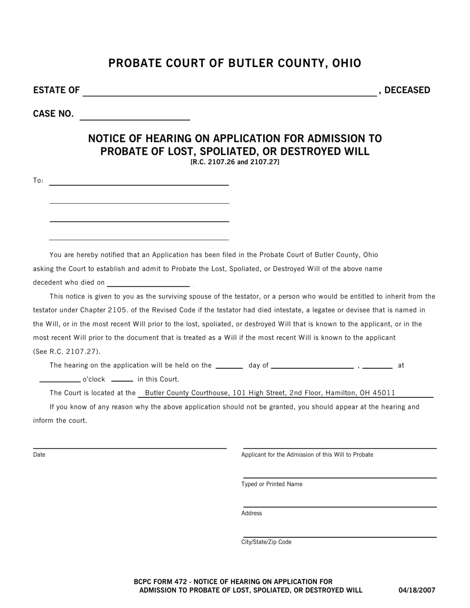 BCPC Form 472 Notice of Hearing on Application for Admission to Probate of Lost, Spoliated, or Destroyed Will - Butler County, Ohio, Page 1