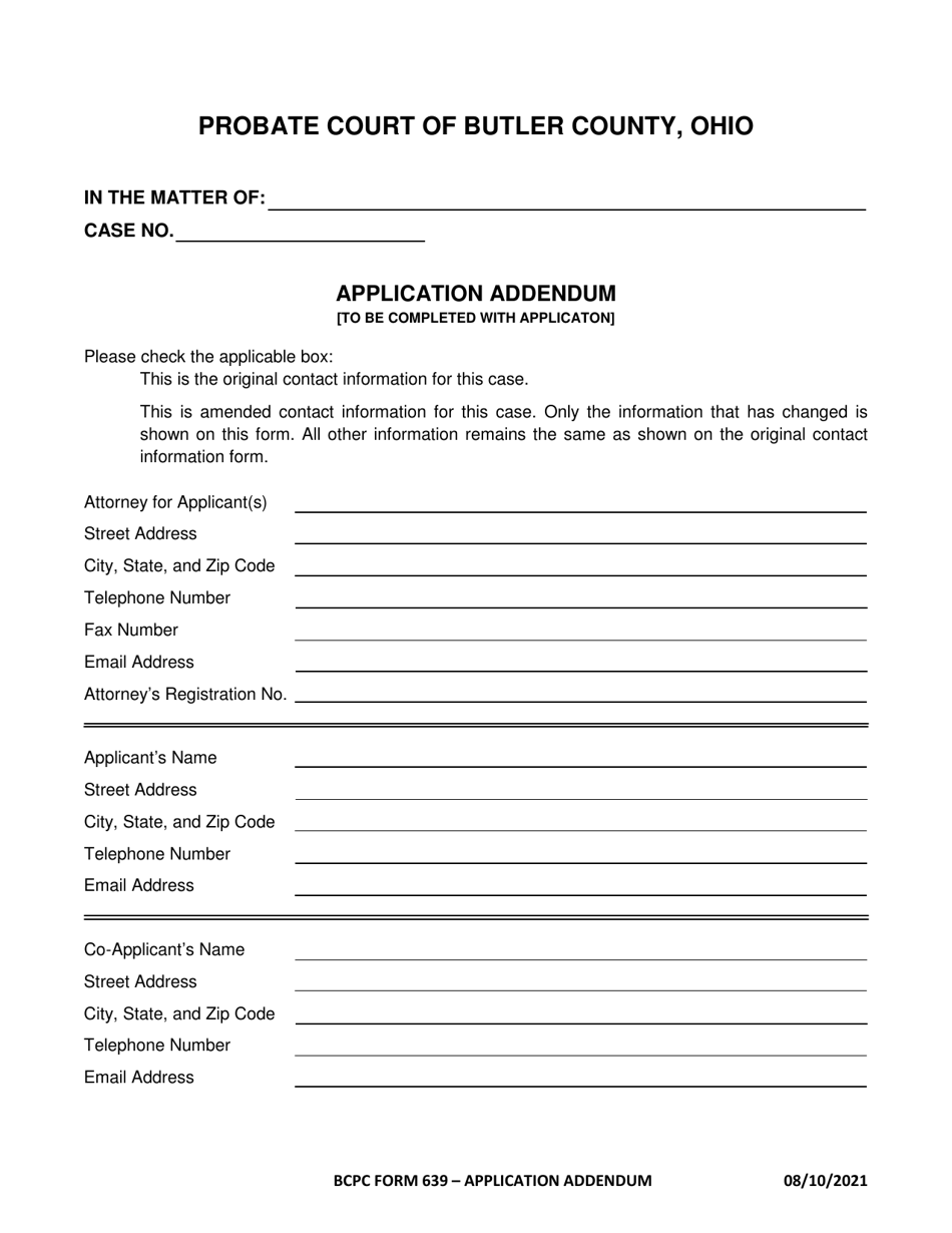 BCPC Form 639 Application Addendum - Butler County, Ohio, Page 1