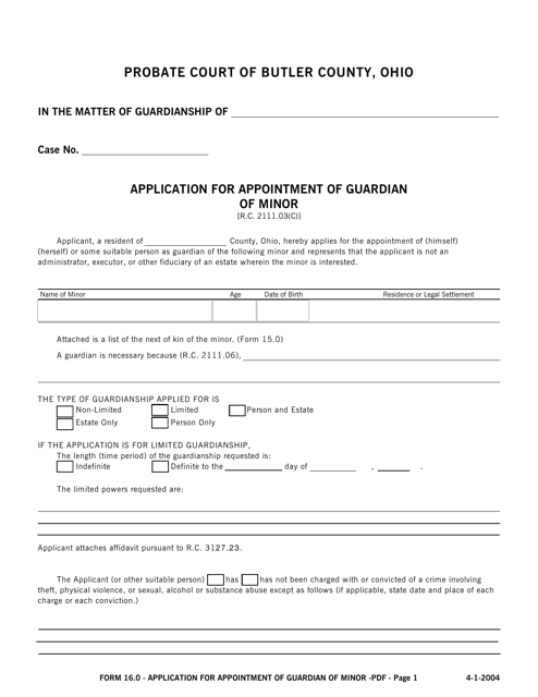 Form 16.0 Application for Appointment of Guardian of Minor - Butler County, Ohio