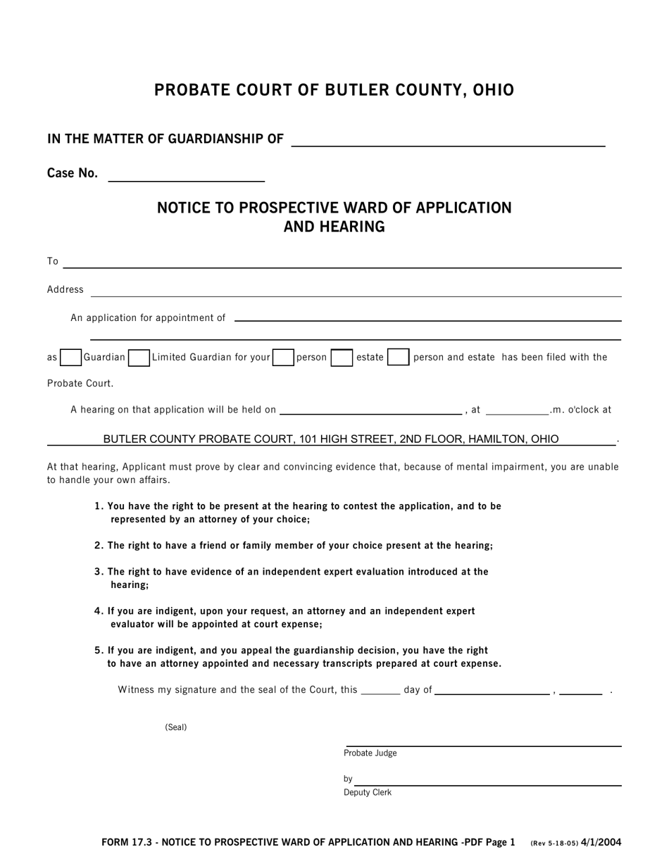Form 17.3 Notice to Prospective Ward of Application and Hearing - Butler County, Ohio, Page 1