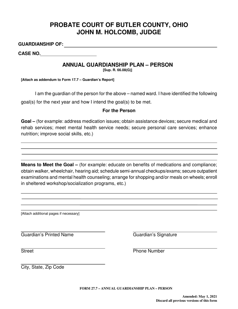 Form 27.7 Annual Guardianship Plan - Person - Butler County, Ohio, Page 1