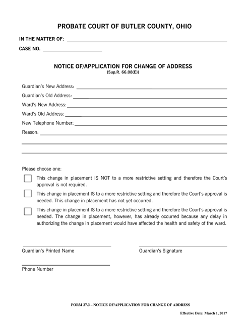 Form 27.3 Notice of/Application for Change of Address - Butler County, Ohio
