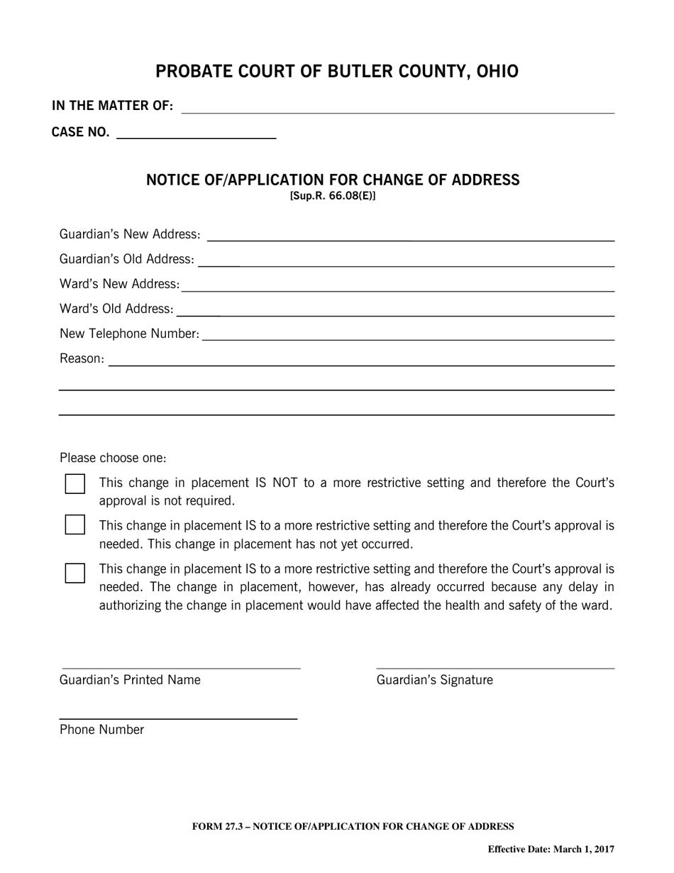 Form 27.3 Notice of / Application for Change of Address - Butler County, Ohio, Page 1