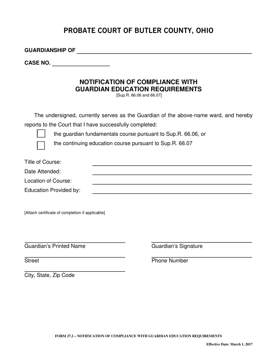 Form 27.2 Notification of Compliance With Guardian Education Requirements - Butler County, Ohio, Page 1