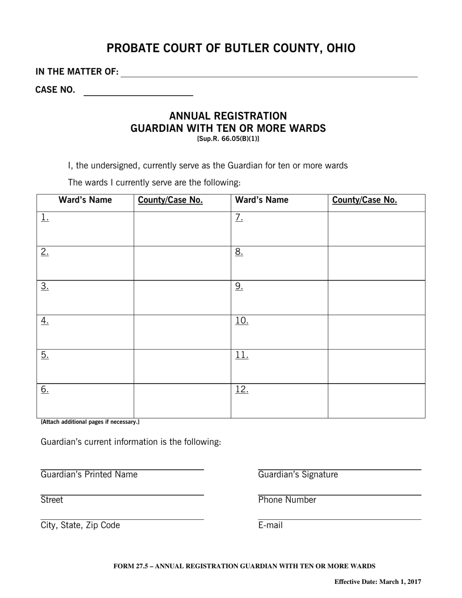 Form 27.5 Annual Registration Guardian With Ten or More Wards - Butler County, Ohio, Page 1