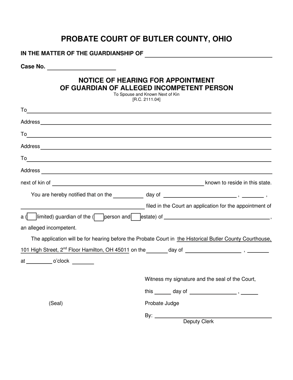 Form 17.4 Notice of Hearing for Appointment of Guardian of Alleged Incompetent Person to Spouse and Known Next of Kin - Butler County, Ohio, Page 1
