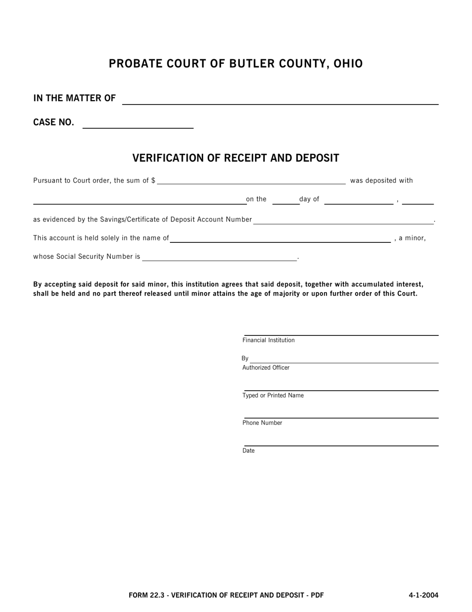 Form 22.3 Verification of Receipt and Deposit - Butler County, Ohio, Page 1