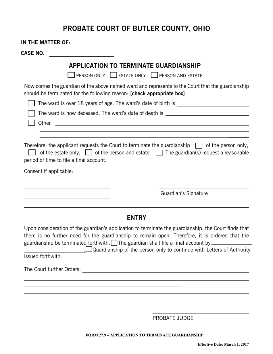 Form 27.9 Application to Terminate Guardianship - Butler County, Ohio, Page 1