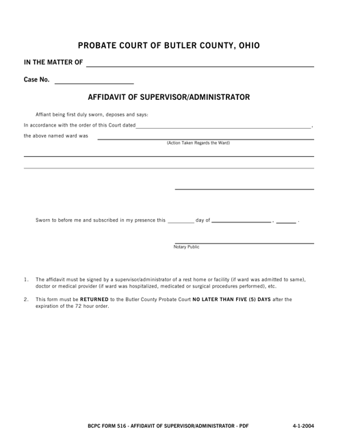 BCPC Form 516 Affidavit of Supervisor/Administrator - Butler County, Ohio