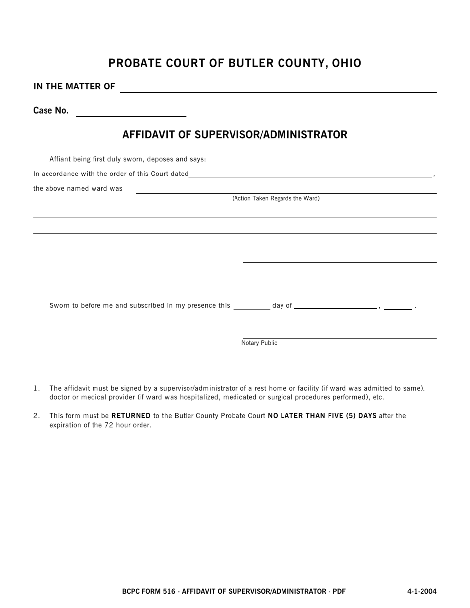 BCPC Form 516 Affidavit of Supervisor / Administrator - Butler County, Ohio, Page 1