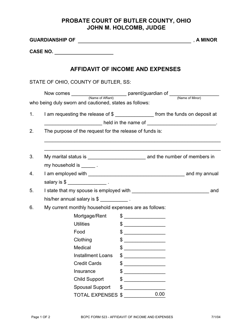 BCPC Form 523 Affidavit of Income and Expenses - Butler County, Ohio, Page 1