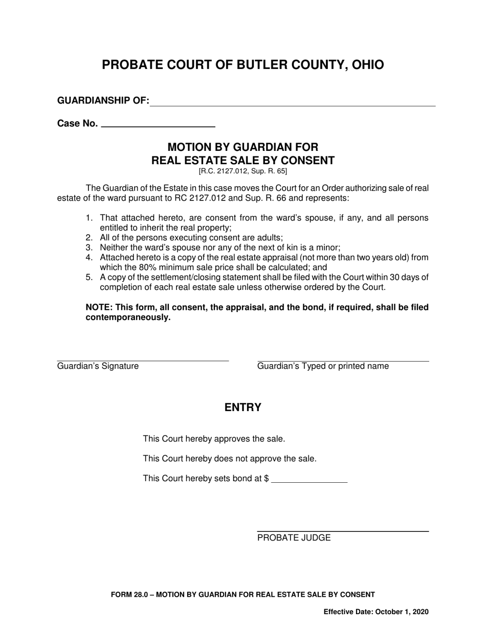 Form 28.0 Motion by Guardian for Real Estate Sale by Consent - Butler County, Ohio, Page 1