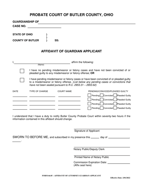 Form 66.05 Affidavit of Guardian Applicant - Butler County, Ohio