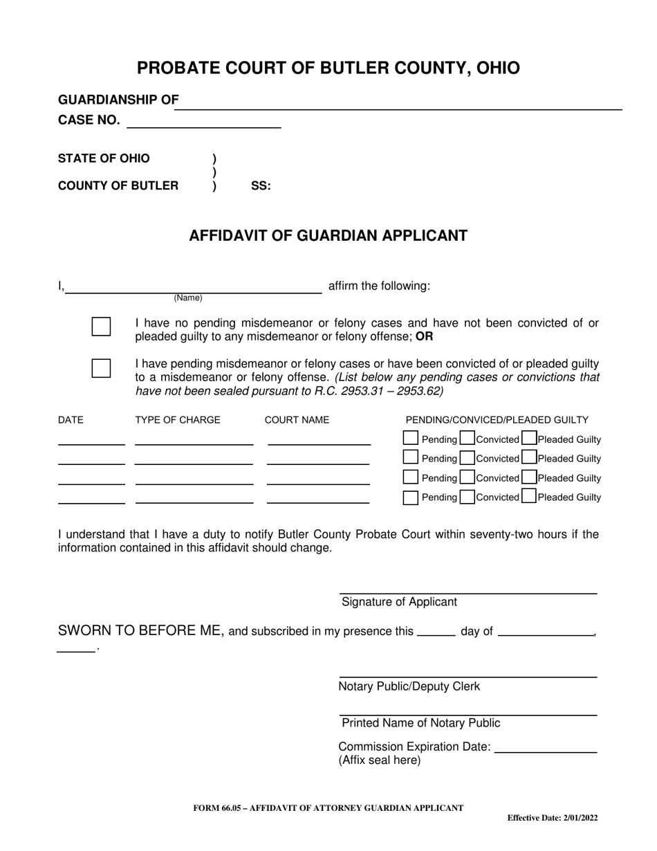 Form 66.05 Affidavit of Guardian Applicant - Butler County, Ohio, Page 1