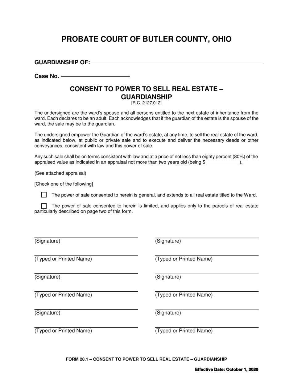 Form 28.1 Consent to Power to Sell Real Estate - Guardianship - Butler County, Ohio, Page 1