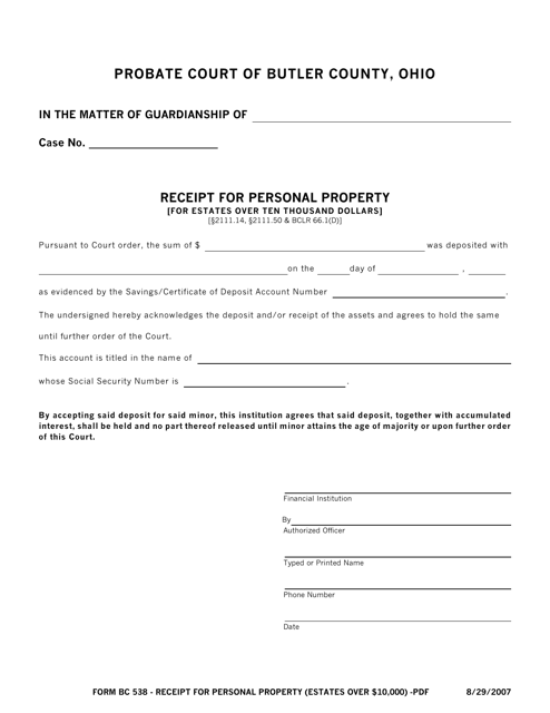 BCPC Form 538 Receipt for Personal Property (For Estates Over Ten Thousand Dollars) - Butler County, Ohio