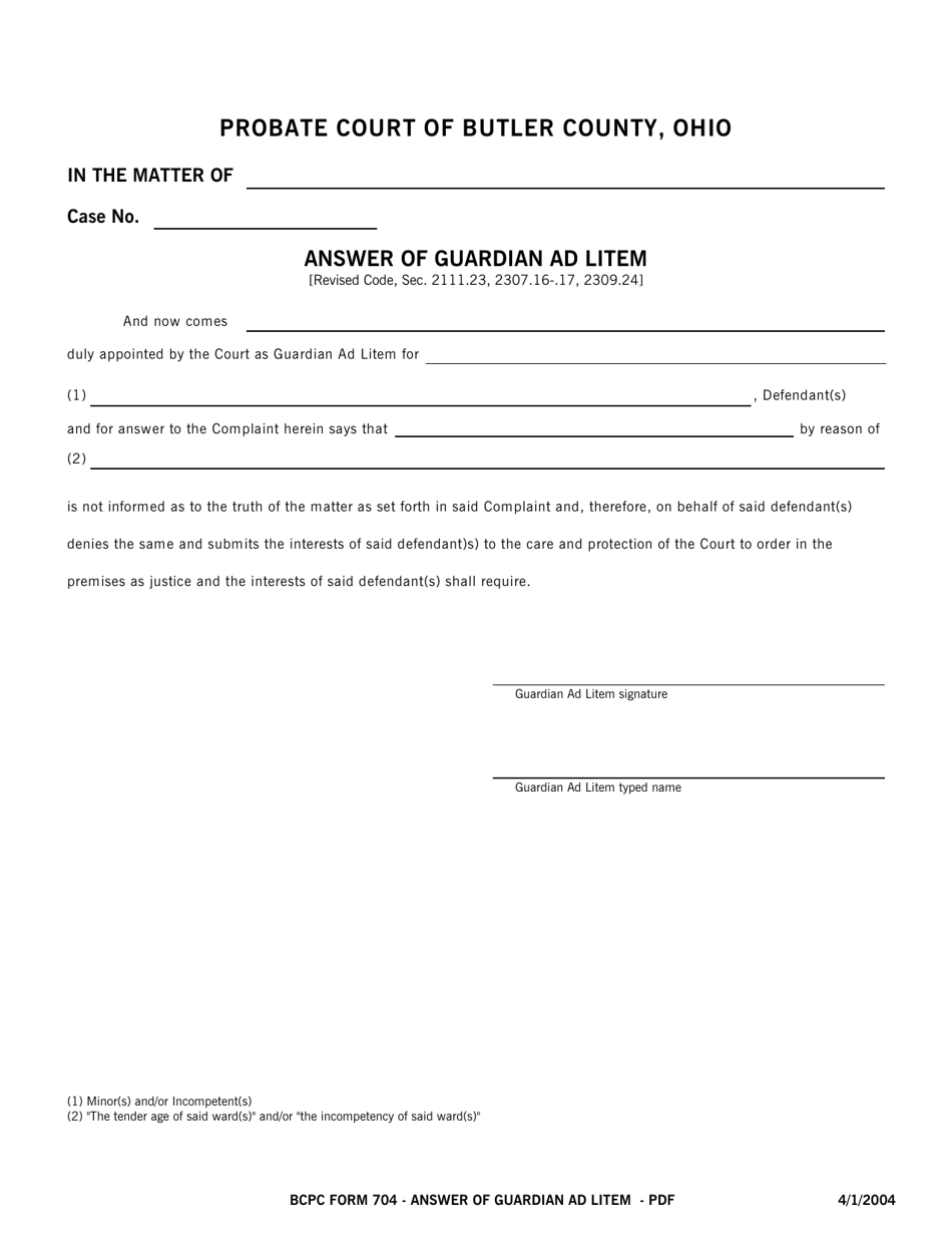BCPC Form 704 Answer of Guardian Ad Litem - Butler County, Ohio, Page 1