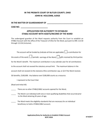 Document preview: BCPC Form AESA Application for Authority to Establish Stable Account With Assets/Income of the Ward - Butler County, Ohio