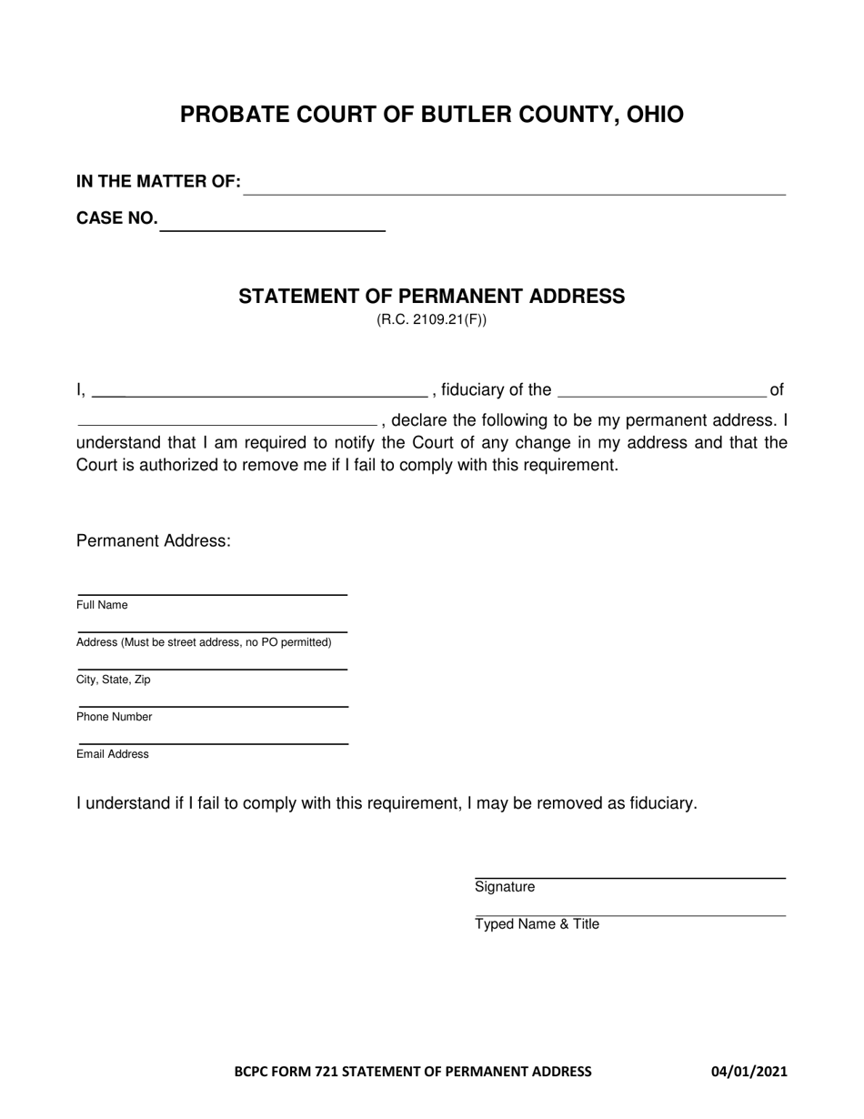 BCPC Form 721 Statement of Permanent Address - Butler County, Ohio, Page 1