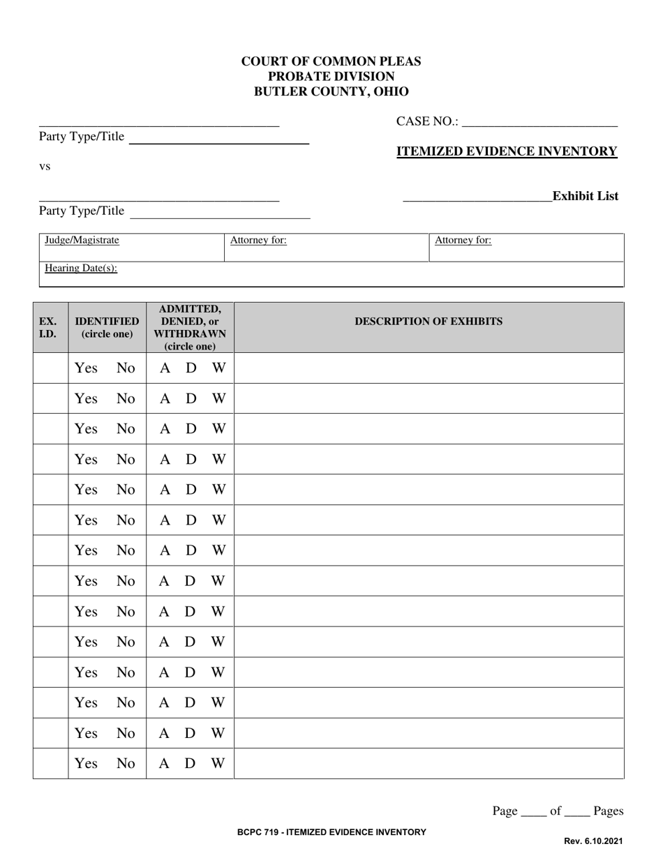 BCPC Form 719 Itemized Evidence Inventory - Butler county, Ohio, Page 1