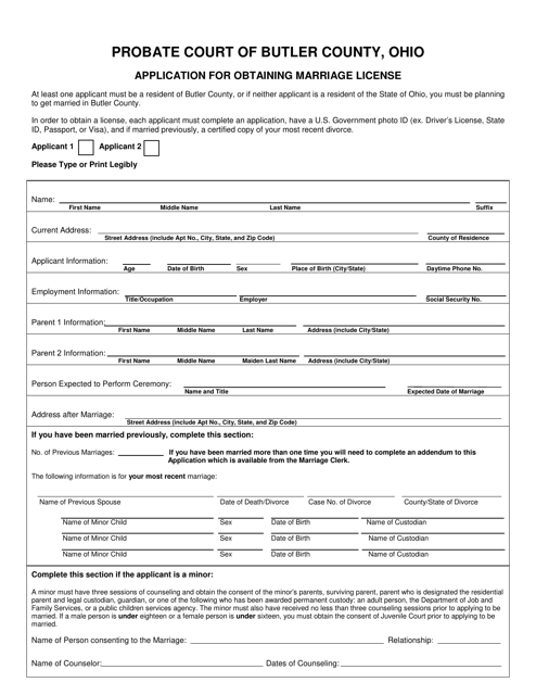 Application for Obtaining Marriage License - Butler County, Ohio Download Pdf